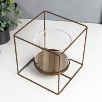 Подсвечник металл, стекло на 1 свечу "Лофт. Куб" тёмное золото 22х22х22 см