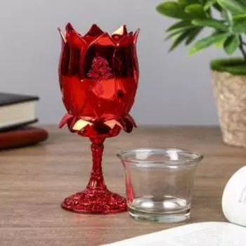 Подсвечник пластик, стекло на 1 свечу "Роза" бокал на ножке красный 13х6х6 см