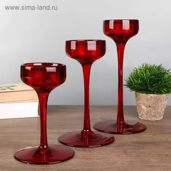 Стеклянный подсвечник на 1 свечу «Бокал-креманка», набор 3 шт., красный, h=20 см, 23 см, 2688 см