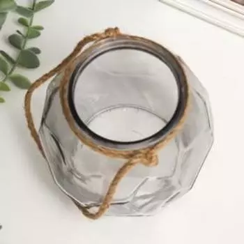 Подсвечник стекло на 1 свечу "Лофт с гранями" прозрачный серый с веревкой 14,7х13,5х13 см