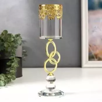 Стеклянный подсвечник на 1 свечу «Сплетение колец и восточный узор», золото, стразы, 25.588 см