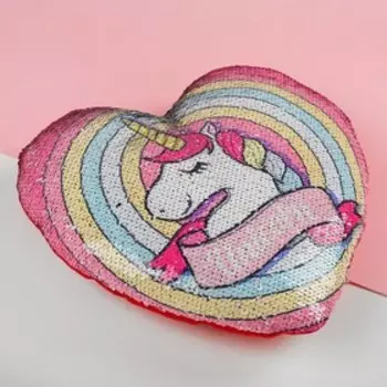 Подушка сердце «Единорог», двусторонние пайетки, цвет красный