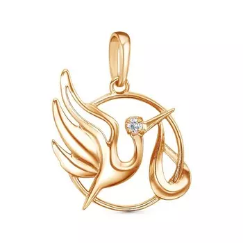 Подвеска "Аист" с младенцем, розовое золочение, цвет белый