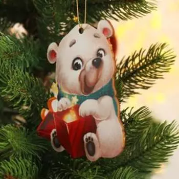 Ёлочная игрушка - подвеска деревянная «Новый год! Белый мишка»