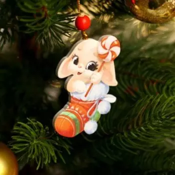 Подвеска новогодняя деревянная «Зайчик в носочке»