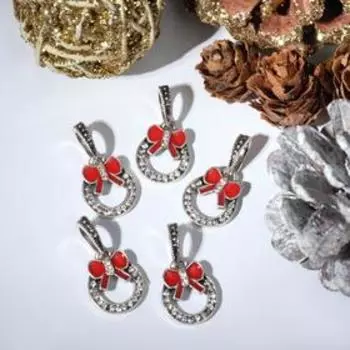 Подвеска новогодняя "Кольцо" с бантиком, цвет красно-белый в серебре