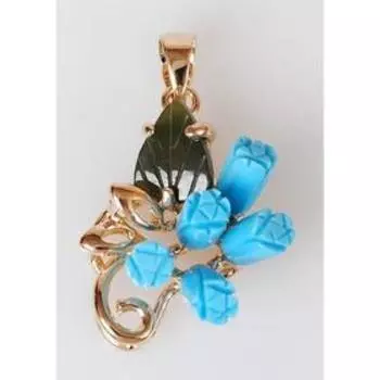 Подвеска с бирюзой и нефритом "Букет роз" завиток, позолота с родированием