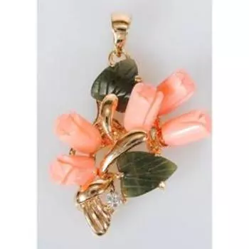 Подвеска с кораллом и нефритом "Букет роз", позолота с родированием
