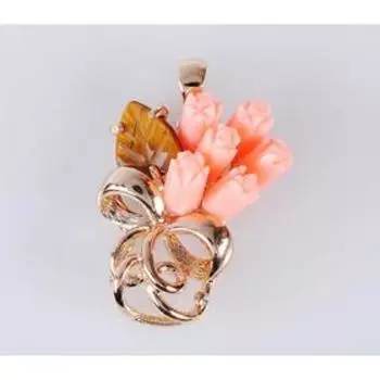 Подвеска с кораллом и тигровым глазом "6 роз лист бант", позолота с родированием