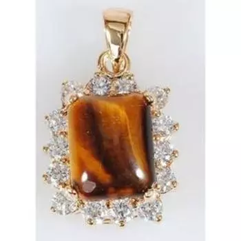 Подвеска с тигровым глазом "Квадрат в цирконах", позолота с родированием