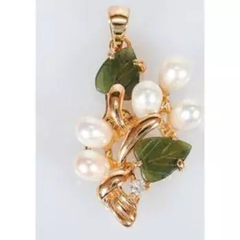 Подвеска с жемчугом и нефритом "Букет" бусины, позолота с родированием