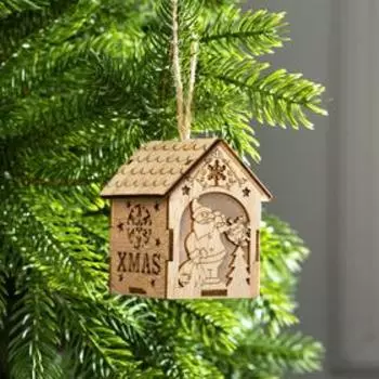 Ёлочная игрушка «Домик с Дедом Морозом с мешком», 8х6.5х6 см, от батареек, свечение тёплое белое