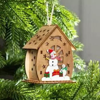 Ёлочная игрушка «Домик со снеговиками», 11х6х9 см, от батареек, свечение тёплое белое