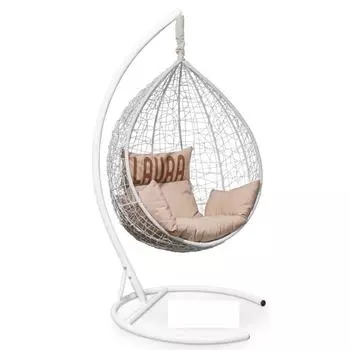 Подвесное кресло "SEVILLA VELOUR" белое, бежевая подушка, стойка, 110х115х195см