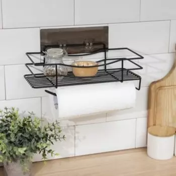 Полка на липучке Доляна, с держателем для полотенец, 301310 см, цвет чёрный