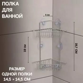 Полка угловая 2-х ярусная Доляна, 6 присосок, 29×15×20 см