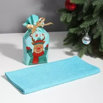 Полотенце подарочное Экономь и Я "Радостный олень" 30х60 см, цв. голубой, 100% хл, 340 г/м2