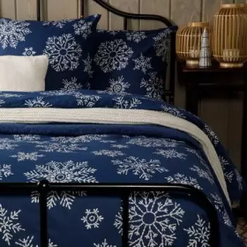 Постельное бельё Евро Ночь Нежна Снежинки , цвет синий, размер 200х220, 200х220, 70х70см 2шт, поплин 110гм, 100% хлопок
