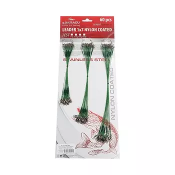 Поводки стальные NAMAZU Leader 1х7 Nylon Coated, тест 11 кг, 15/20/25 см, зелёные, 60 шт.