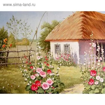 Принт для вышивки лентами на габардине «Мальвы у хатки»