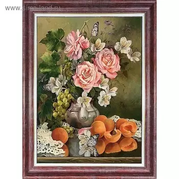 Принт для вышивки лентами на габардине «Розы с фруктами»