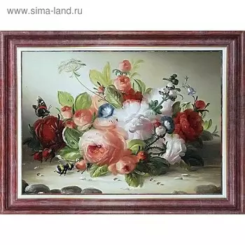 Принт для вышивки лентами на габардине «Шмель и розы»