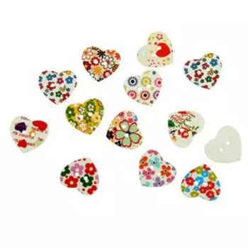 Пуговицы декоративные дерево "Сердечки в цветочек" набор 20 шт, 2,5х2,3 см