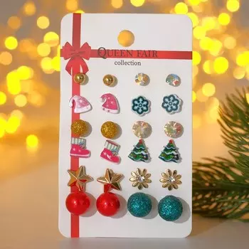 Пусеты 12 пар «Новогодние» шапочка, снежинка, носки, ель, звезда, цветные в золоте