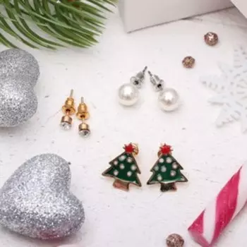 Серьги пусеты QF «Новогодние», 3 пары, ёлочка, цветные