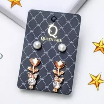 Пусеты 3 пары "Сова и цветок", цвет белый в золоте