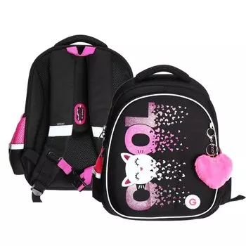 Ранец каркасный, 36 х 28 х 20 см, Grizzly, из плюша, + брелок, чёрный/розовый