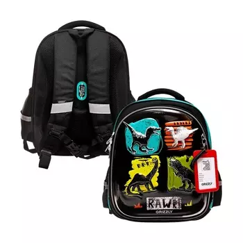 Ранец каркасный, 36 х 28 х 20 см, Grizzly, + брелок-бейдж, чёрный