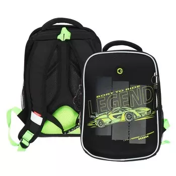 Ранец каркасный, 37 х 26 х 16 см, Grizzly, + брелок, чёрный/зелёный