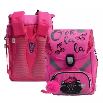 Ранец на замке Seventeen, 34 х 26 х 13 мм, на ножках, мигающий замок, "Кот", розовый/чёрный