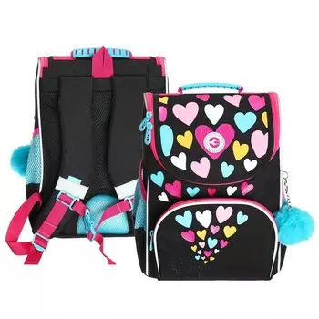 Ранец школьный Стандарт, 33 х 25 х 13 см, Grizzly, + мешок для обуви, плюшевый, чёрный