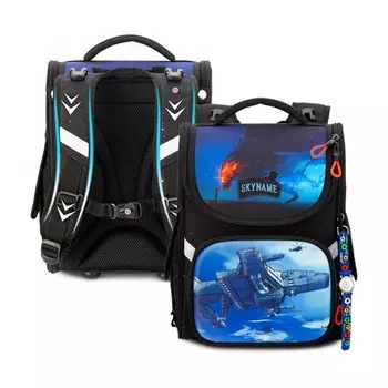 Ранец школьный Стандарт, 34 х 26 х 14 см, + мешок для обуви, часы, SkyName 2000, чёрный/синий 2090-M