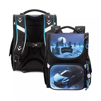 Ранец школьный Стандарт, 34 х 26 х 14 см, + мешок для обуви, часы, SkyName 2000, чёрный/синий 2092-M