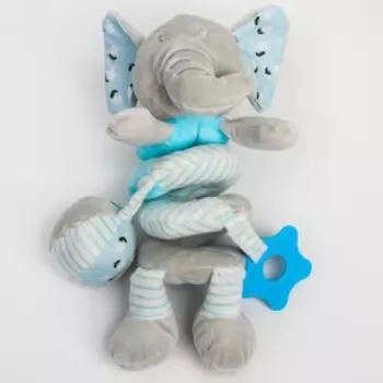 Растяжка - спираль мягкая с погремушкой на кроватку/коляску «Слоник голубой», 24 - 45 см