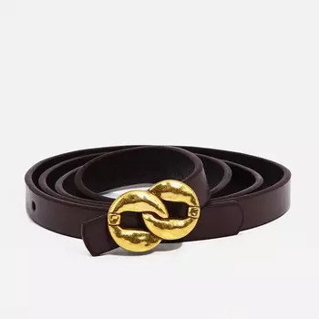 Ремень женский тонкий, 1101.4 см, пряжка-гвоздик металл, золотистая, тёмно-коричневый