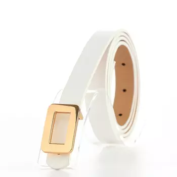 Ремень женский тонкий, 1101.6 см, прямоугольная пряжка металл, золотистая, белый