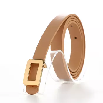 Ремень женский тонкий, 1101.6 см, прямоугольная пряжка металл, золотистая, бежевый