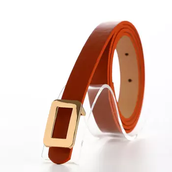 Ремень женский тонкий, 1101.6 см, прямоугольная пряжка металл, золотистая, рыжий