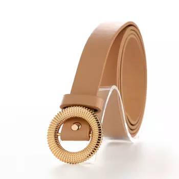 Ремень женский тонкий, 1101.9 см, круглая пряжка металл, золотистая, бежевый