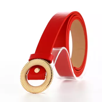 Ремень женский тонкий, 1101.9 см, круглая пряжка металл, золотистая, красный