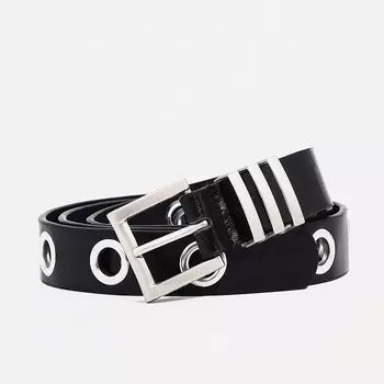 Ремень женский с люверсами, 1002 см, пряжка металл, серебристая, чёрный