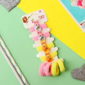 Резинка для волос "Лапочка" (набор 8 шт) зайки с бантиками, розово-жёлтый