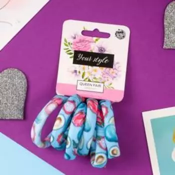 Резинка для волос "Лина" (набор 6 шт) сочный принт, 4 см, голубой