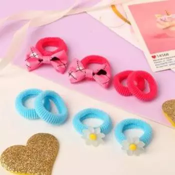 Резинка для волос "Нэнси" (набор 8 шт) цветочки и бантики сердечки, розово-голубой