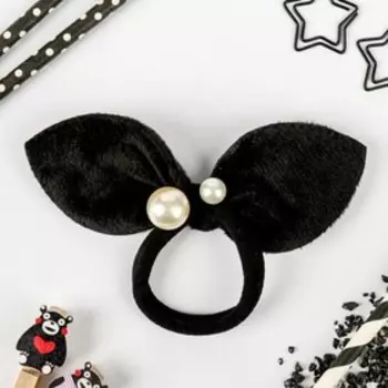 Резинка для волос "Ушки с бусинками" плюш, 7 см, чёрный