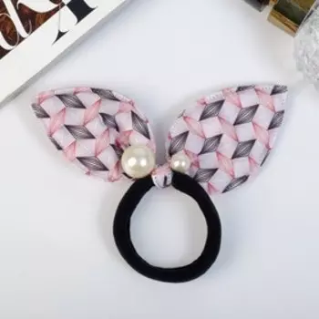 Резинка для волос "Ушки с бусинками" ромбики, 7 см, розовый